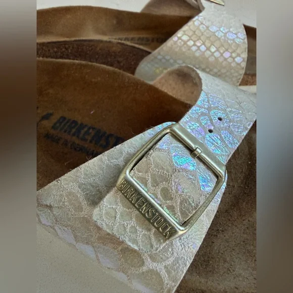 Birkenstock Cream/Gold Snakeskin Print Madrid Slide Sandals Women’s 6.5 - Picture 8 of 9